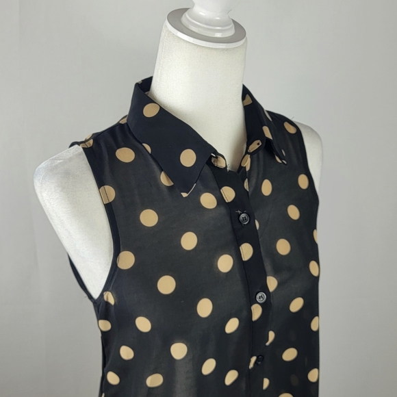 Sans Souci Black Sleeveless High Low Tank Top with Tan Polka Dots Small NWOT - Picture 3 of 7